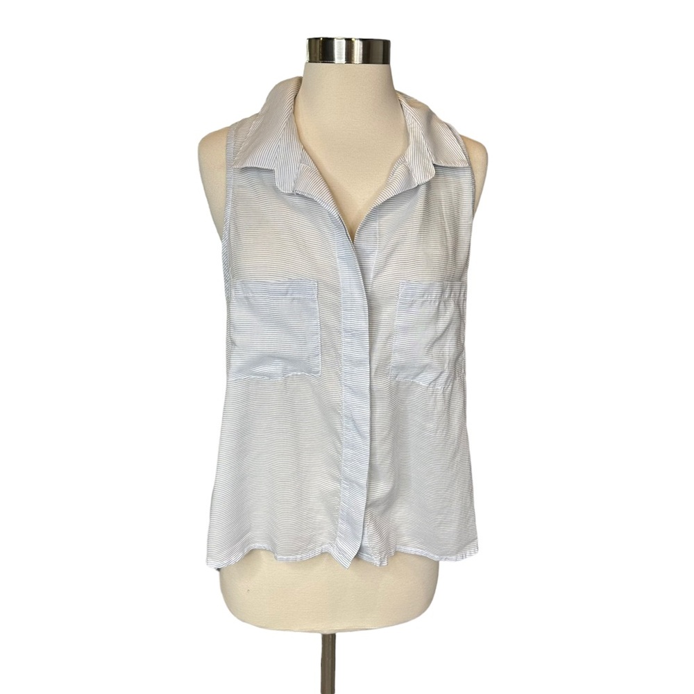 Bella Dahl Tank Top Womens Collared Striped Button Down Pockets Blue Medium